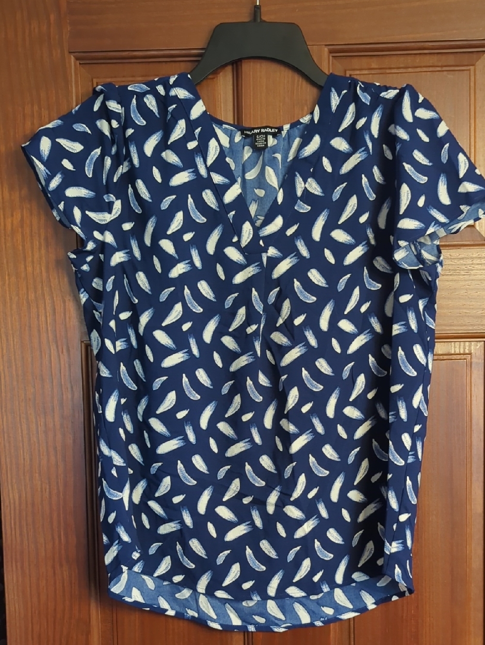Hilary Radley Navy and White Brushstroke V-Neck Blouse